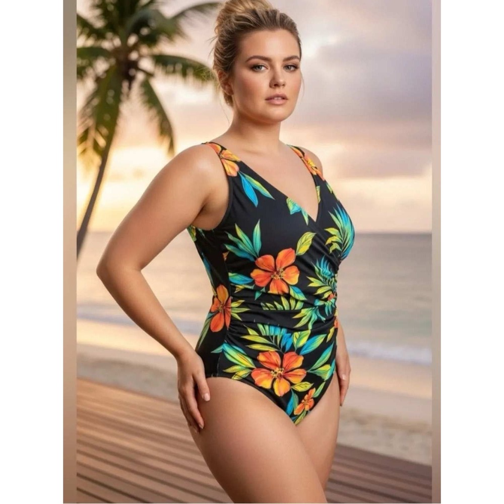 Miraclesuit‎ One Piece Swimsuit Womens 10 Black Floral Tropical Ruched V-Neck